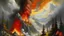 Placeholder: A burning rocky mountainside, raging fire, plumes of smoke, dragon in the distance, flaming trees, realistic, medieval, painterly, Bob Ross painting