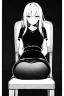 Placeholder: blonde girl speaks sitting on a chair, grayscale