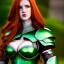 Placeholder: hyper realist, hyper detailed, stunningly beautiful teen girl, long ginger hair, green eyes, medium freckles, full lips, skimpy fantasy intricate leather armour, full body and head, c-cup breasts, aroused expression, biting lower lip, full frame, petite, centered camera, Sung hi lee