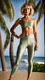 Placeholder: woman in satin yoga leggins, standing towards camera, face towards camera, total body, standing frontal, photographed by rankin, surfer hair, good shape, background palmtrees, medium length wavy bob haircut, satin, shiny, gritty