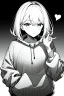 Placeholder: girl dressed in a loose sweatshirt and with one hand on heart, line arts, greyscale