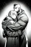 Placeholder: man in raincoat hugs girl, line arts, greyscale