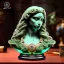 Placeholder: auction hammer, green olivine stone figurine, bust of luna aurora divine, ancient, magic,on dark wooden table with drinking glass,compass,brilliance