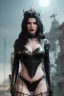 Placeholder: Sophia Vergera as evil queen in black leather, cleavage, angry, stern look, unreal 5, octane render,cinema4d, dynamic lighting, dramatic lighting, 4k, redshift render, highly detailed, hyper realistic