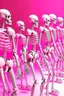 Placeholder: ‘Pink and White Metal Skeleton Army' depicts two very long rows of Pink and White Skeleton Soldiers Marching in Lockstep toward the viewer; Retrofuturism, Pop Art; constructivism