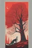 Placeholder: in a cosy vintage style, a wolf marvels at a red tree