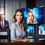 Placeholder: amodern tv studio a beautiful girl perfect face sitting next to desk presenting new looking at camera, with picture of an old man in tv screen at background