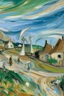 Placeholder: A white breezy village with windmills painted by Edvard Munch