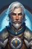 Placeholder: Please create an image for a 30-year old half-aasimar male with silver hair and a short, square beard and blue eyes. He is a cleric of Selune, whose symbol should be placed on the cleric's shield, if visible in the image. The cleric should be wearing chain mail, and carrying a warhammer or a mace and a shield