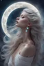 Placeholder: back arched over moon, gorgeous ethereal goddess female, looking down, opal piercings, beautiful face, mesmerizing eyes, smooth translucent skin, transcendental, wind in hair