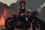 Placeholder: scarred cyberpunk vampire girl with tribal tattoos short curly cyberpunk hair riding a black cafe racer motorcycle in a post apocalyptic wasteland on fire