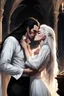 Placeholder: Strahd Von Zarovich being kissed by a beautiful woman with white hair, wearing an off the shoulder dress. Settling and background are a lavish toomb with an ebony coffin.