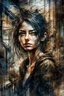 Placeholder: A ultra realistic poster of a beautiful girl , having word sign as “street art ”, by Daniel Castan Carne Griffiths Andreas Lie Russ Mills Leonid Afremov, black background, fine lines draw, smile, standing in the temple