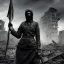 Placeholder: women, faces covered in black masks, ragged clothes, holding flag, war-torn, destroyed city in the background, 8k resolution, hyperrealistic, detailed matte painting, b&w, dynamic lighting, war, anarchy, terrorists