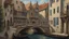 Placeholder: medieval buildings with balconies overhanging a canal, blue sky and people, photorealism, trees, piers, fantastical, intricate detail, people, ultra-sharp image