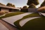 Placeholder: fill composition bottom half finely groomed grass, top half is a flawless seamless single piece concrete slab, divided at small angle,