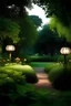 Placeholder: Background with subtle lights, lamps, in a colorful garden in the dusk, should have trees, greens, minimal, elegant.