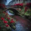 Placeholder: Macro shot of a bridge over a stream, red flowers on the bank, Paris 1900, high level of detail, rainy night