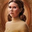 Placeholder: hyperspace background, complete and photo realistic detailed head to waist stunning photo realistic portrait of carrie fisher as Princess Leia in star wars with photo realistic minimal updo hair by Mandy Jurgens and mucha and Richard Schmid and chuck close and chie yoshii, extraordinary and detailed ceremony dress of star wars,brown eyes