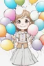 Placeholder: A round-faced little girl happily holding a bunch of colorful balloons. Circles can be used to depict the balloons, her eyes, and the sun in the background. very happy , Colloring page for todlliers ; basic hawali style cartoon , black and white , ink outlines , , smooth , anime style , minimalist , cute eyes , full body , white shose , sketchbook , realistic sketch , free lines , on paper , character sheet , clean line art high detailed