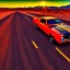 Placeholder: muscle car, desert road, sunset, full colour,