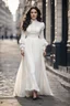 Placeholder: full body standing of a beautiful woman in her 18s, brunette (a Greek goddess), a little chubby, frontal face, shy smile, black wavy hair, wearing a white dress (with a high collar) from the 19th century, on the street of London in the 19th century , morning, cinematic, hd, 8k, sharp focus