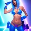 Placeholder: Ana de Armas naked as jinx from arcane standing in a nightclub with light blue hair and long blue plats, blue tattoos on arms, stomach showing, bullet belt with guns, alluring, bedroom scene, cosplay, photo realistic,