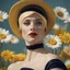 Placeholder: close up , woman with swimming cap with daisys, 50 er style , Image in the style of Mirjam Duizendstra and George Hoyningen-Huene