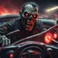 Placeholder: In the style of Heavy metal Magazine, close up of fantastical cursed Zombie NASCAR racer with red glowing eyes determinedly gripping the steering wheel, screaming, horror, intricately detailed, complex contrast, dynamic composition; cinematic lighting; meticulously composed concept art, masterpiece, cell-shaded