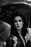 Placeholder: Beautiful 25 year-old Jennifer Connelly standing outside in a rain shower with no rain-coat, umbrella, or hat, with her head tilted up to the sky, her tongue sticking out and catching raindrops