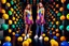 Placeholder: beautiful lady with todays modern clothing and sport shoes, in surreal stage made of fractal random size spheres with helical strip colors in clothing similar to environment full body posing to camera,animating background metallic random color cubes