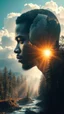 Placeholder: portrait of a black man Double exposure surreal digital art of a mysterious , his face in profile, blending seamlessly into the shape of the clouds . a magical forest scene unfolds, illuminated by golden light rays, with tall trees and a flowing river.