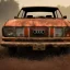 Placeholder: an Audi 80 rust 2-door overgrown by with dust ,ultra realistic,concept, 4k ,on street,8k resolution, high-quality, fine-detail, parked in crowded city winter