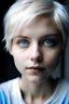 Placeholder: A girl in her late twenties, with slightly sharp features, short white hair and blue eyes