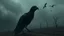 Placeholder: close in center weird crepy bird creature and and far away on sky different small dark crepy birds surreal thriller vibe trees in alternative surreal barren, dry, gloomy world, nightmare in abyss, deep vortex, black, gray, purple, brown, silver, dark red colors, surreal, weird dark fantasy, deep dark colors, sharp lines, crepy stunning, high detalied, weird, fog, shadows, realistic, surreal, highly detailed, melancholic thriller mood