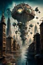 Placeholder: a stunningly weird image of a futuristic metropolis using Salvador Dali's paranoiac-critical method, where buildings and structures appear to melt into the skyline cityscape is filled with floating medusas and mad, twisted metal shapes that interact with the buildings and each other, forming a surreal tableau of a dreamlike reality. neu-steampunk vibe, essence of the scene in a cinematic manner, with dramatic shadows that enhance the distorted perspectives and bizarre mood