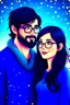 Placeholder: Christmas scene, dark haired couple, man with short black beard and glasses, woman with long hair, blue eyes, young couple, graphic
