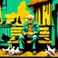 Placeholder: A digital painting in a vintage pop-art style. An elderly man sits on a wooden bench surrounded by pigeons, holding some in his hands. The scene is inspired by a black-and-white photograph but reimagined with bold pop-art colors, strong contrasts, textured brush strokes, and a retro urban atmosphere. The background features distressed textures, with warm yellows, deep reds, and teal greens, blending realism with stylized graphic design. The man’s expression remains detailed and expressive, while