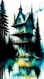 Placeholder: Zdzislaw Beksinski, and Peter Gric style ink wash and watercolors , full body illustration of a beautiful house by the lake surrounded by trees with big lake highly detailed facial features, mixed to anatomical portrait front view, visible plant like skeletal structure, wildly flowing splash colours , 8k octane, all in focus, clean , no grain, ethereal, otherworldly concept art in vibrant natural colors , do not include her face , it should be clean , make the neck shorter