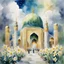 Placeholder: Jamkaran Mosque in Iran has blue, green and gold colors . man like the Prophet Muhammad . domes with beautiful lighting and around the mosque it are alot of white Daffodil flower in the floor , clouds with small birds in sky. watercolor