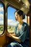 Placeholder: Neoclassicism japanese woman looking at window happy to sky in train realistic cote d'azur painting