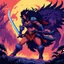 Placeholder: [psychedelic pixel illustration by Jannell Jaquays with Verve colour palette] Shaya Bloodfang, a fierce barbarian of the untamed wilds, charges into battle with unmatched ferocity. Armed with her blade and the instincts of a predator, she fights not just for survival but for vengeance. With a monstrous fiend on her trail, she faces her fate head-on, embodying the relentless spirit of the wild.