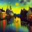 Placeholder: Drawing in oil of medieval city river, clouds, ducks swimming , sunset, fantasy 8k by Van Gogh