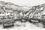 Placeholder: English fishing village thin light sketchy light hb pencil line art minimalist outlines