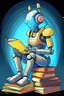 Placeholder: generate a front cover representation of Ai attractive small female humanoid bot sitting on a pile of books in a comic book style