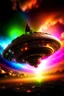 Placeholder: The massive alien mothership descending upon Earth with a colorful and surreal sky in the background.