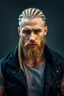 Placeholder: photorealistic, 4k, hyperdetailed portait of 28-year-old german muscular male, with long blonde braided and undercut hair, neatly trimmed goatee beard, modern clothing, modern fantasy