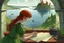 Placeholder: red haired fairy in a green dress sitting at a desk with pen and paper in front of a window overlooking a bay down below. In the middle of the bay is an island surrounded by water. On the island is a mountain with a church on top. Everything looks Medieval.