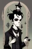 Placeholder: black haired young man necromancer wizard with gothic jewelry in the style of charles addams