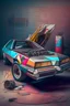 Placeholder: A portrait, 108mm canon D6000, art easel, a new generation gasoline car, 80's styled with updated body work